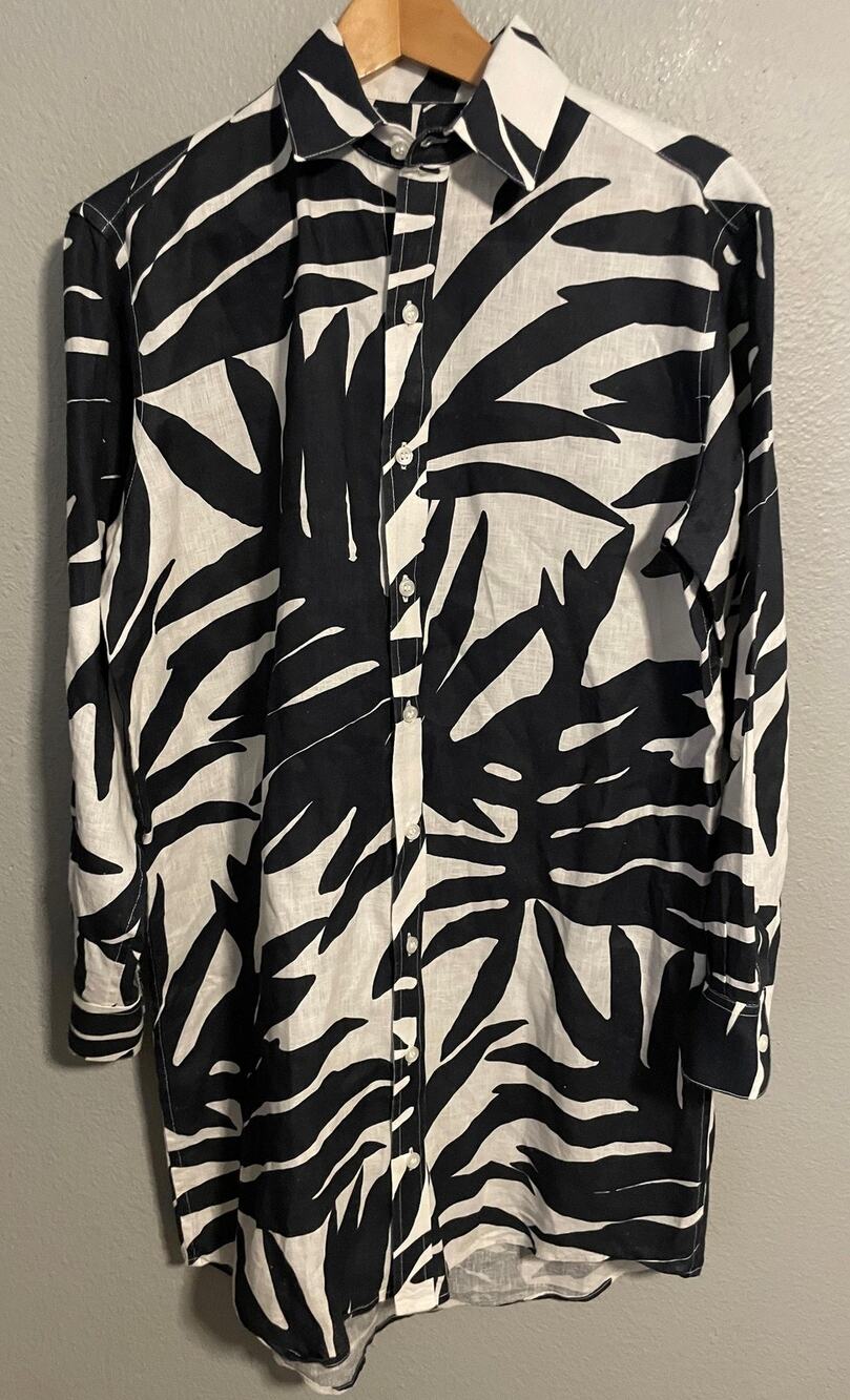 Emily Phillips Dress Womens Large Short Black Linen Button Up Animal Print Boho